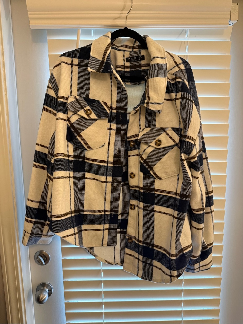 PRICELESS Cream & Navy Plaid Trench Shacket